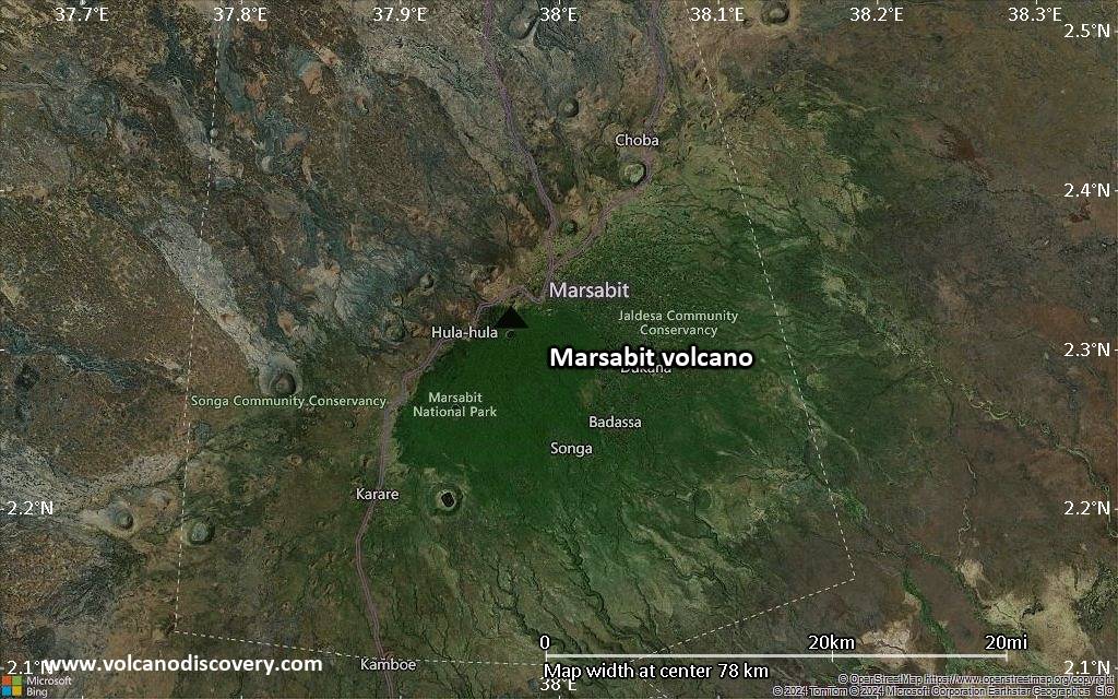 Satellite/aerial-type map of Marsabit volcano (scale of 10s of km)