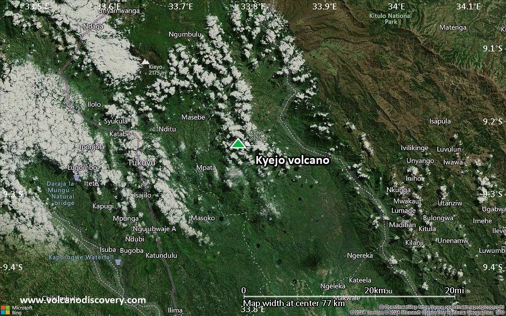 Satellite/aerial-type map of Kyejo volcano (scale of 10s of km)