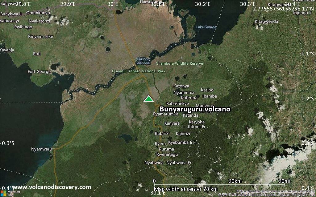 Satellite/aerial-type map of Bunyaruguru volcano (scale of 10s of km)
