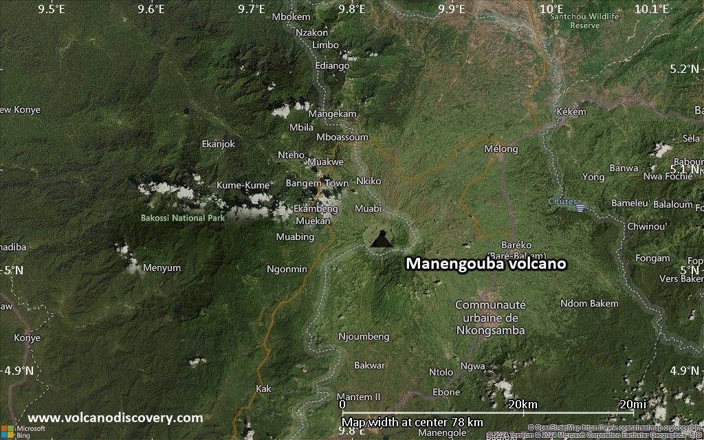 Satellite/aerial-type map of Manengouba volcano (scale of 10s of km)