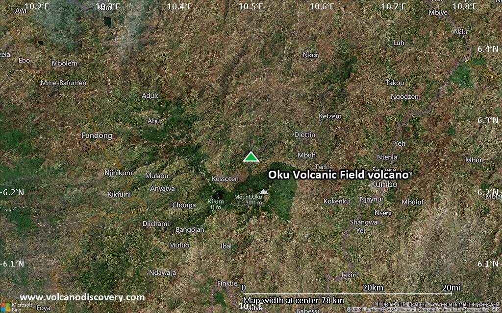 Satellite/aerial-type map of Oku Volcanic Field volcano (scale of 10s of km)