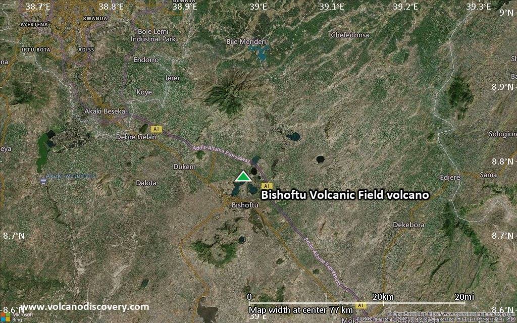 Satellite/aerial-type map of Bishoftu Volcanic Field volcano (scale of 10s of km)
