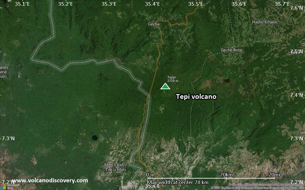 Satellite/aerial-type map of Tepi volcano (scale of 10s of km)
