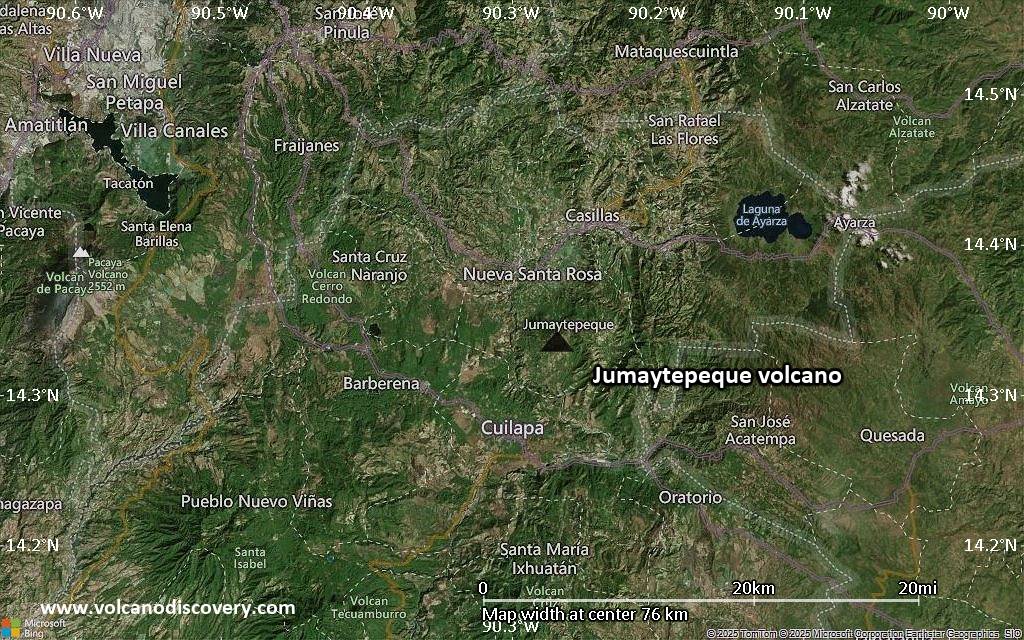 Satellite/aerial-type map of Jumaytepeque volcano (scale of 10s of km)