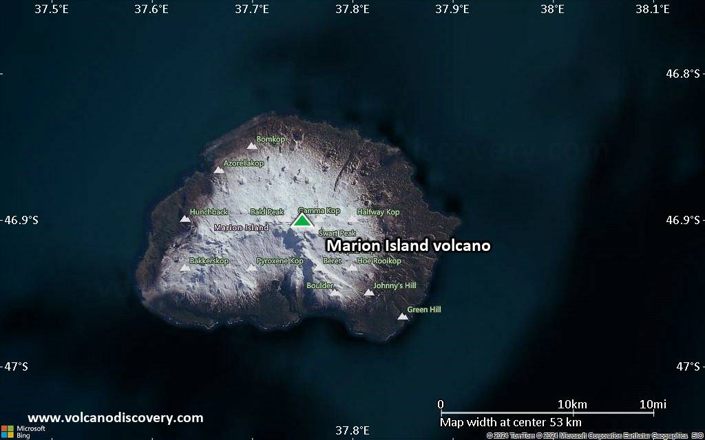 Satellite/aerial-type map of Marion Island volcano (scale of 10s of km)