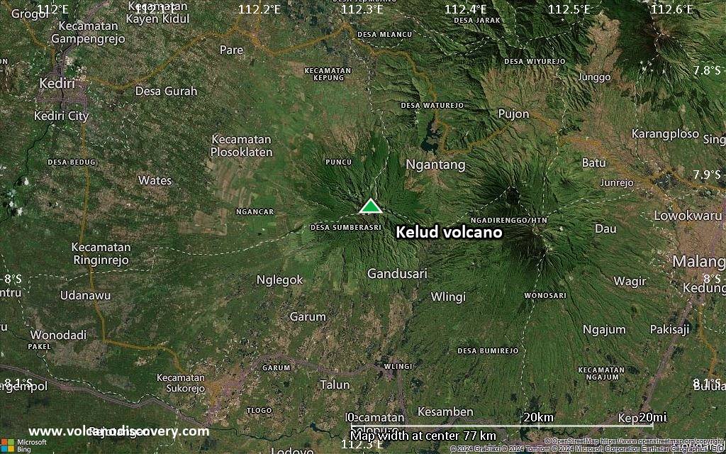Satellite/aerial-type map of Kelud volcano (scale of 10s of km)