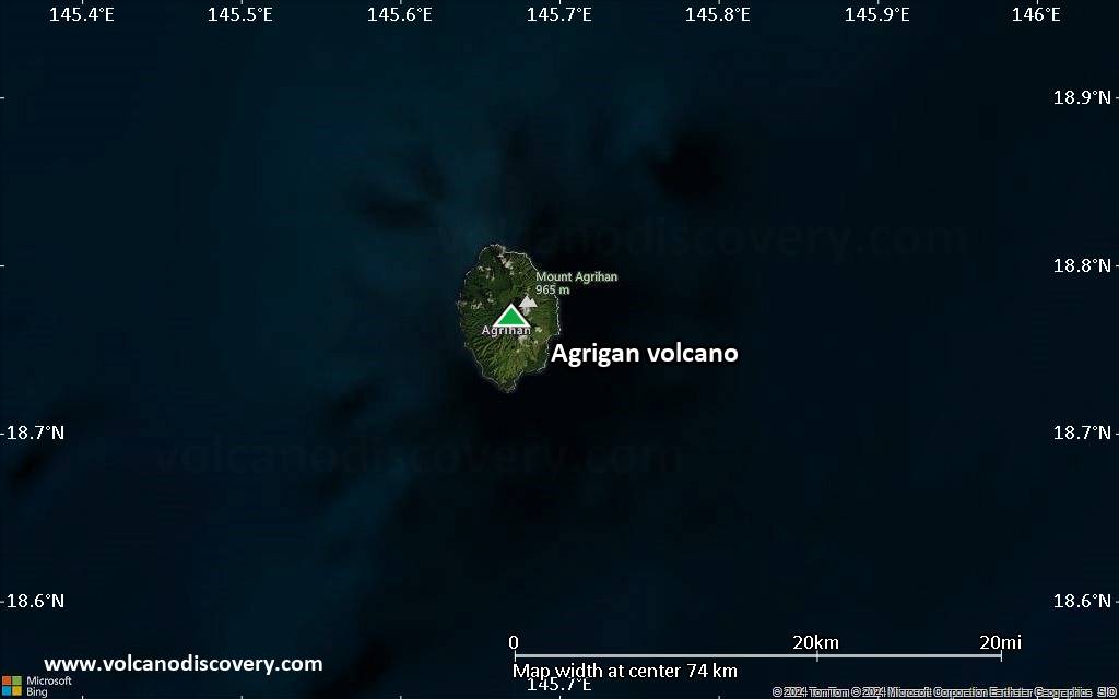 Satellite/aerial-type map of Agrigan volcano (scale of 10s of km)