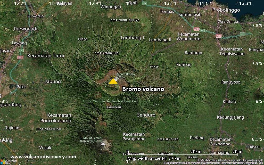 Satellite/aerial-type map of Bromo volcano (scale of 10s of km)