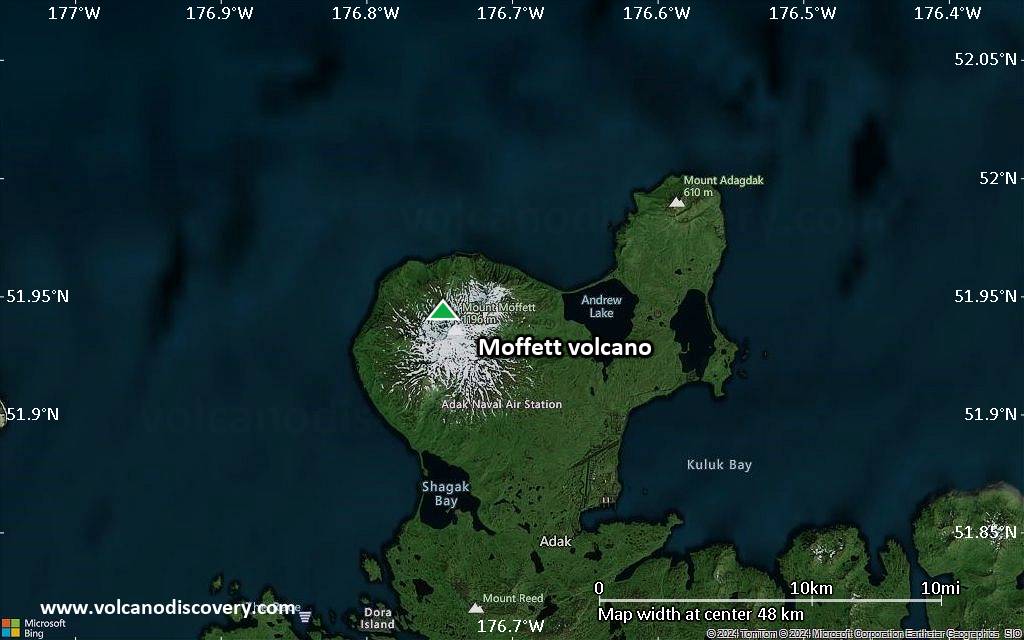 Satellite/aerial-type map of Moffett volcano (scale of 10s of km)