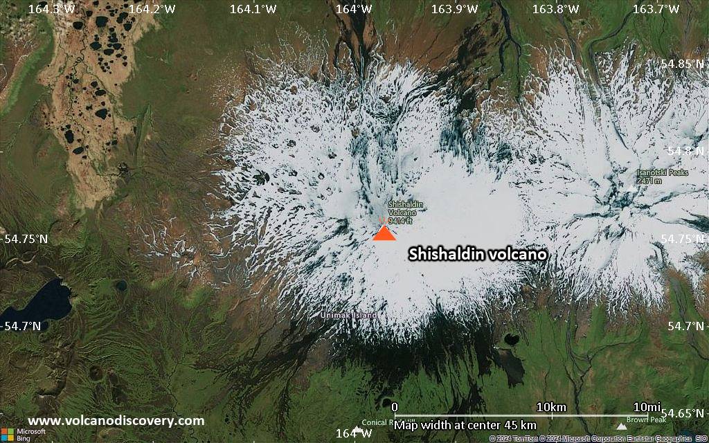 Satellite/aerial-type map of Shishaldin volcano (scale of 10s of km)