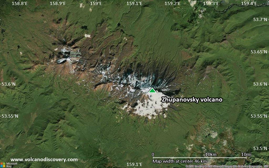 Satellite/aerial-type map of Zhupanovsky volcano (scale of 10s of km)