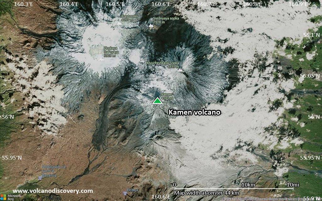 Satellite/aerial-type map of Kamen volcano (scale of 10s of km)