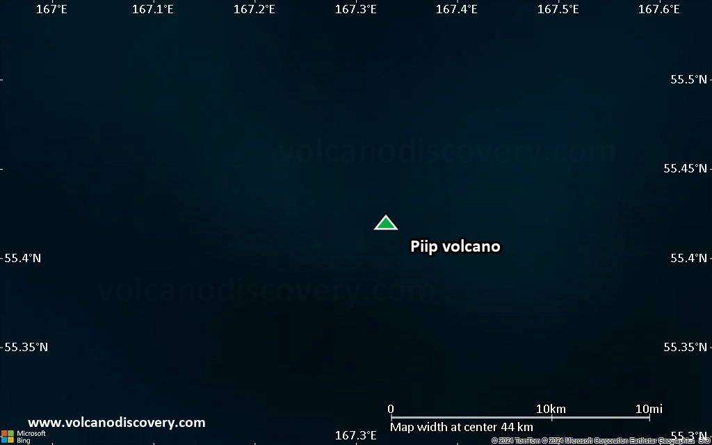 Satellite/aerial-type map of Piip volcano (scale of 10s of km)