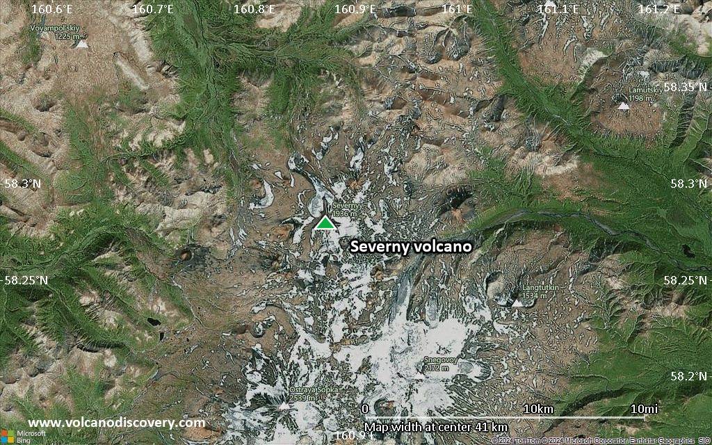 Satellite/aerial-type map of Severny volcano (scale of 10s of km)