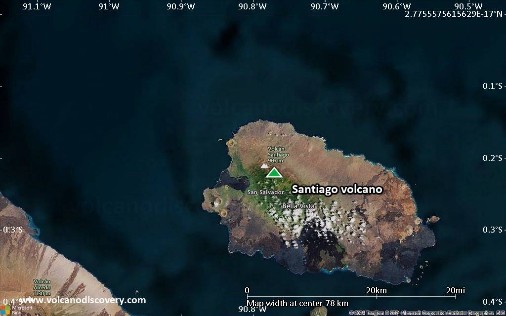 Satellite/aerial-type map of Santiago volcano (scale of 10s of km)