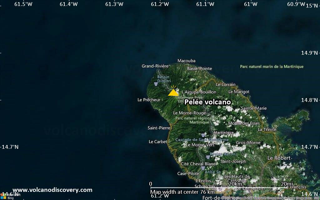 Satellite/aerial-type map of Pelée volcano (scale of 10s of km)