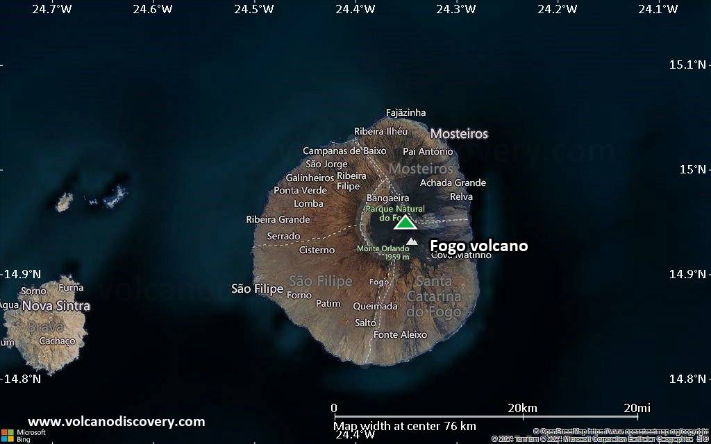 Satellite/aerial-type map of Fogo volcano (scale of 10s of km)