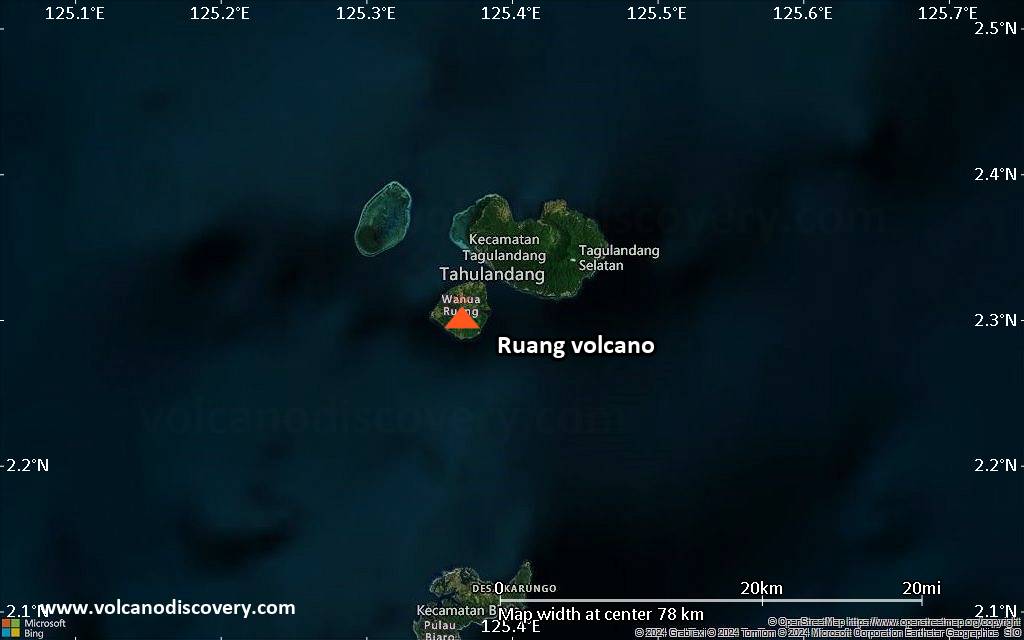 Satellite/aerial-type map of Ruang volcano (scale of 10s of km)