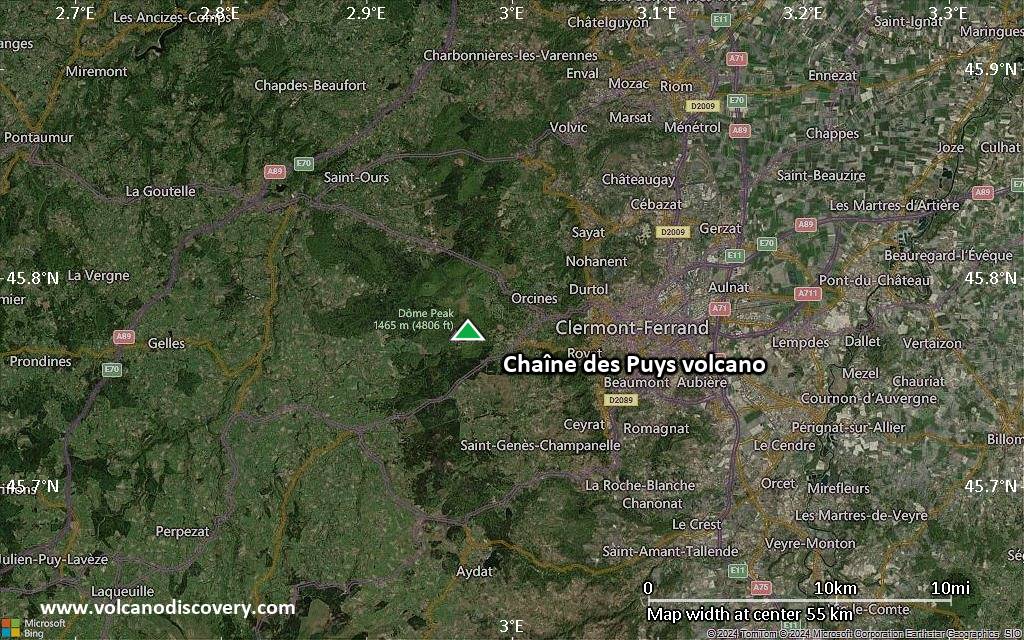 Satellite/aerial-type map of Chaîne des Puys volcano (scale of 10s of km)