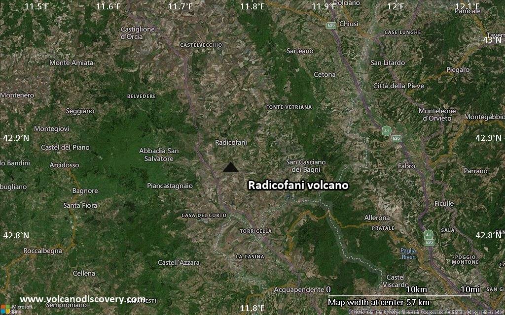 Satellite/aerial-type map of Radicofani volcano (scale of 10s of km)