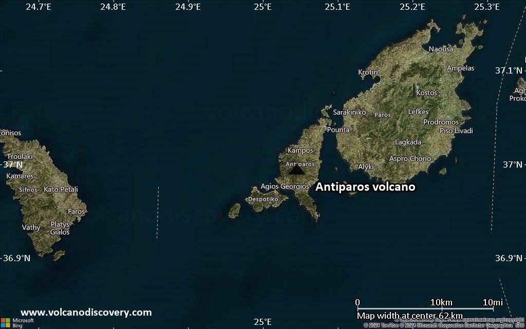 Satellite/aerial-type map of Antiparos volcano (scale of 10s of km)