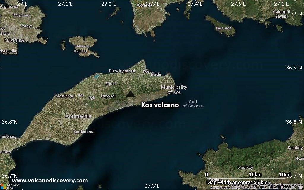 Satellite/aerial-type map of Kos volcano (scale of 10s of km)