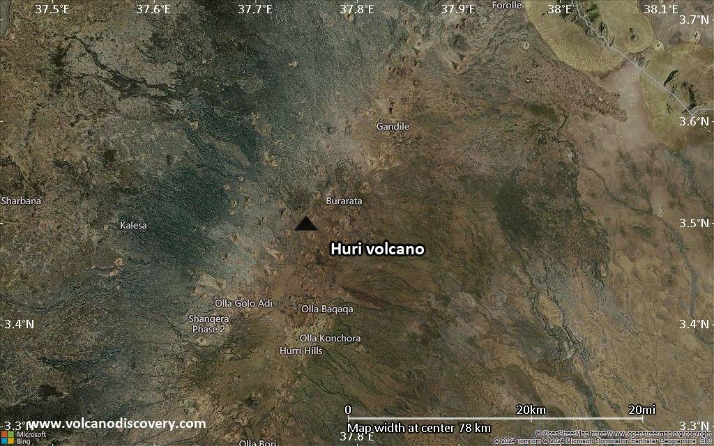 Satellite/aerial-type map of Huri volcano (scale of 10s of km)