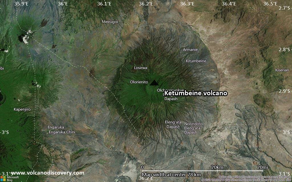 Satellite/aerial-type map of Ketumbeine volcano (scale of 10s of km)