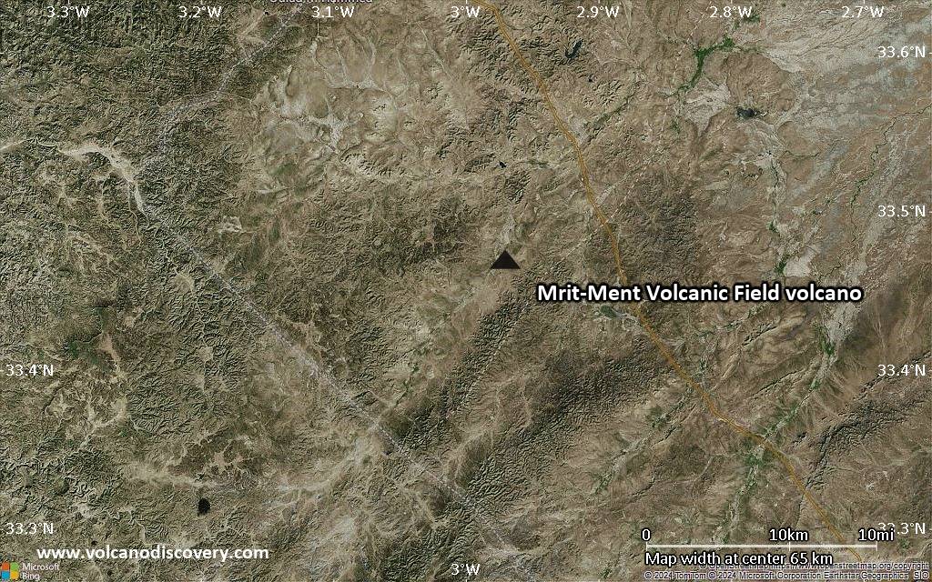 Satellite/aerial-type map of Mrit-Ment Volcanic Field volcano (scale of 10s of km)