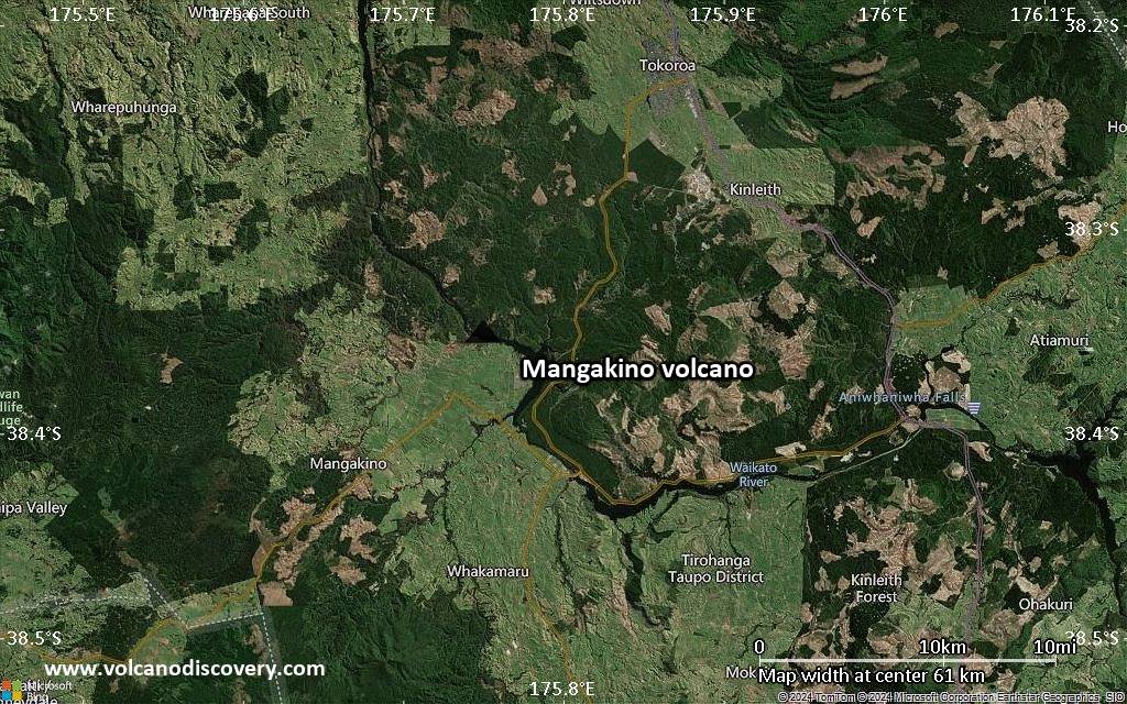 Satellite/aerial-type map of Mangakino volcano (scale of 10s of km)