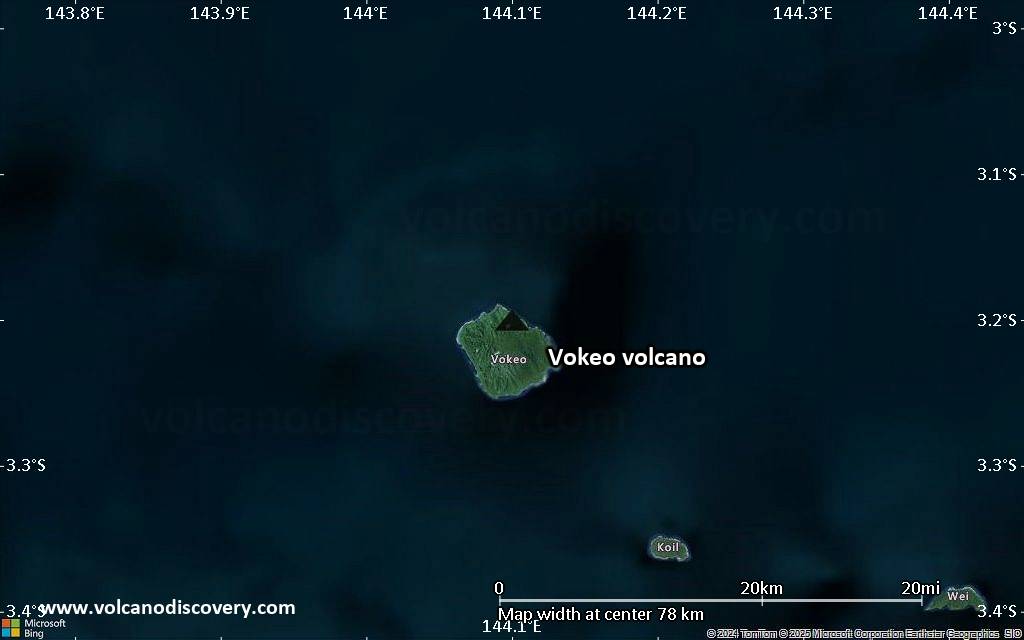 Satellite/aerial-type map of Vokeo volcano (scale of 10s of km)
