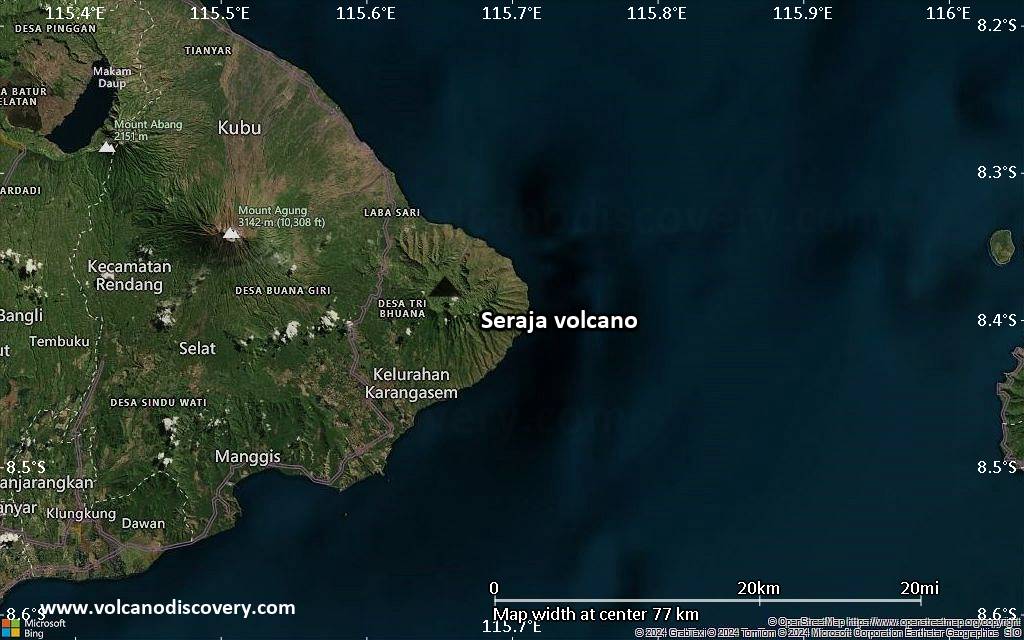 Satellite/aerial-type map of Seraja volcano (scale of 10s of km)