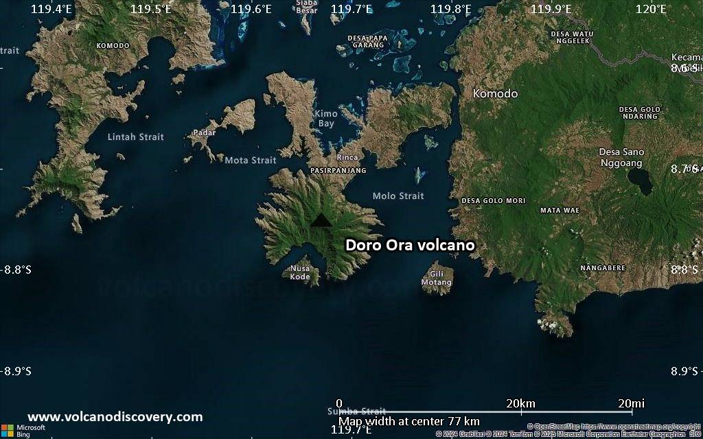 Satellite/aerial-type map of Doro Ora volcano (scale of 10s of km)