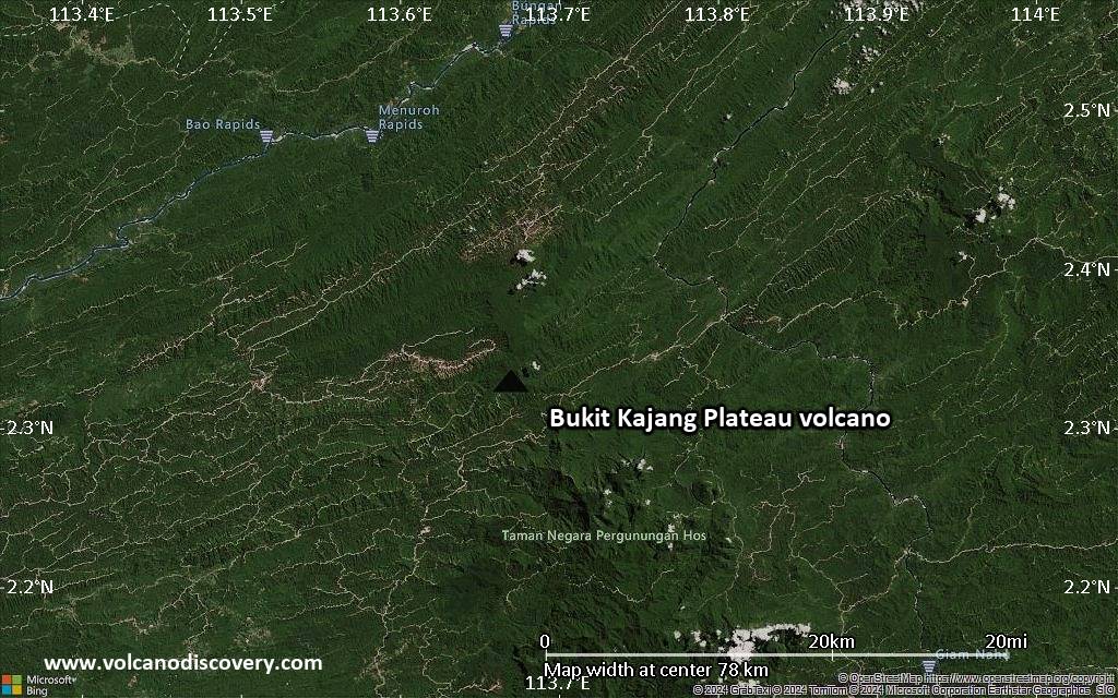 Satellite/aerial-type map of Bukit Kajang Plateau volcano (scale of 10s of km)