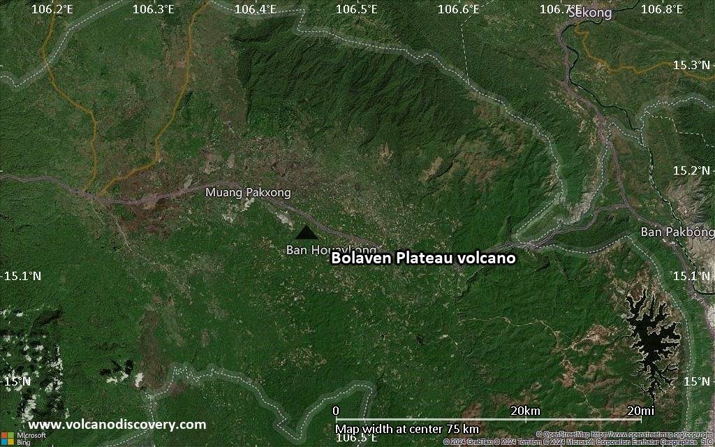 Satellite/aerial-type map of Bolaven Plateau volcano (scale of 10s of km)