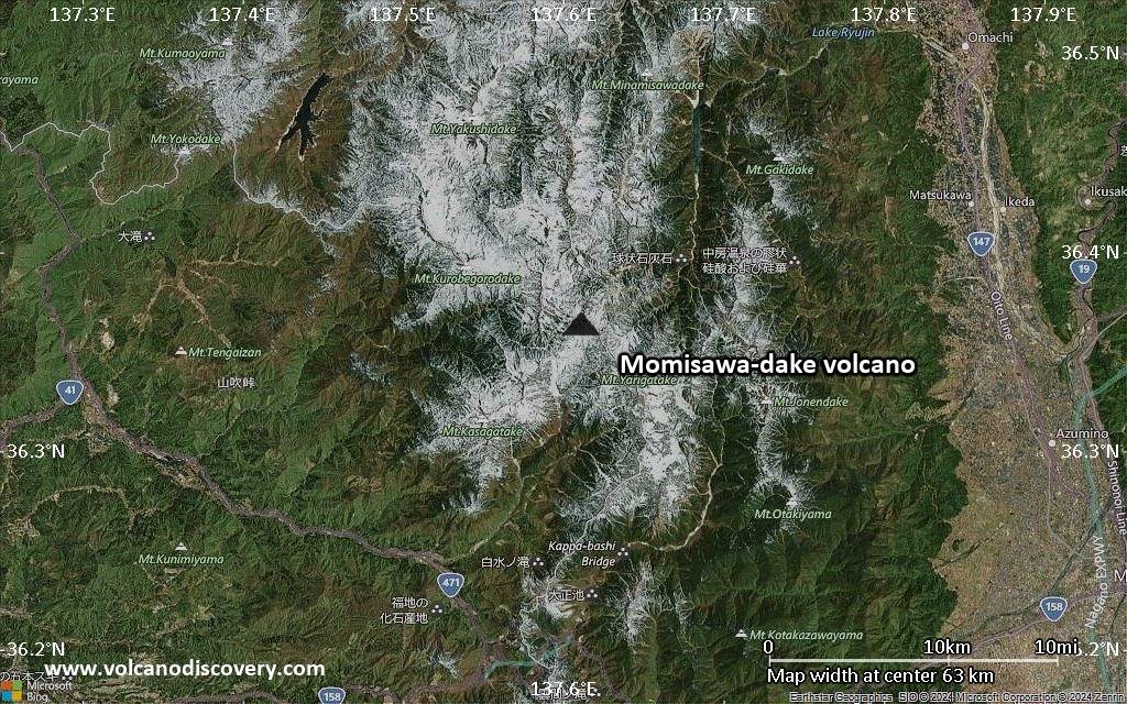 Satellite/aerial-type map of Momisawa-dake volcano (scale of 10s of km)