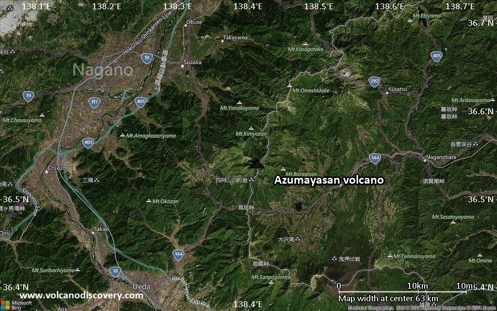Satellite/aerial-type map of Azumayasan volcano (scale of 10s of km)