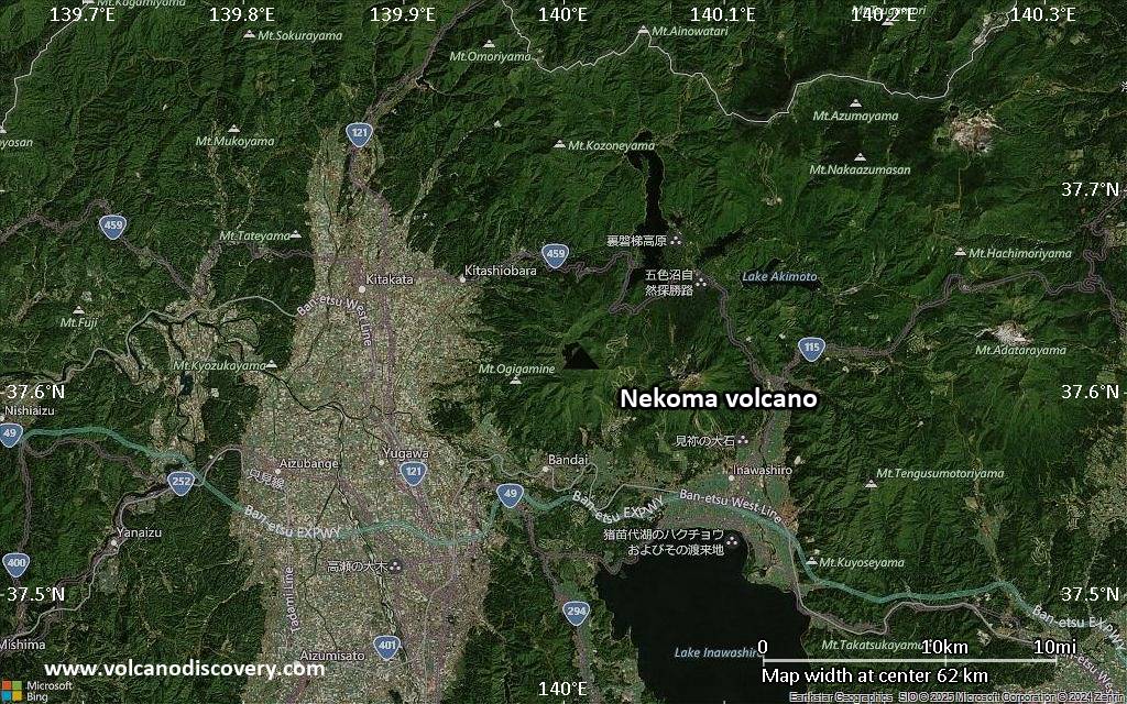 Satellite/aerial-type map of Nekoma volcano (scale of 10s of km)