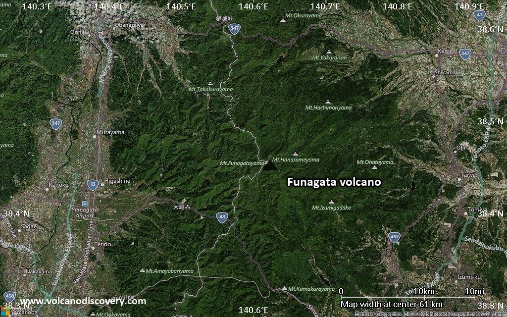Satellite/aerial-type map of Funagata volcano (scale of 10s of km)