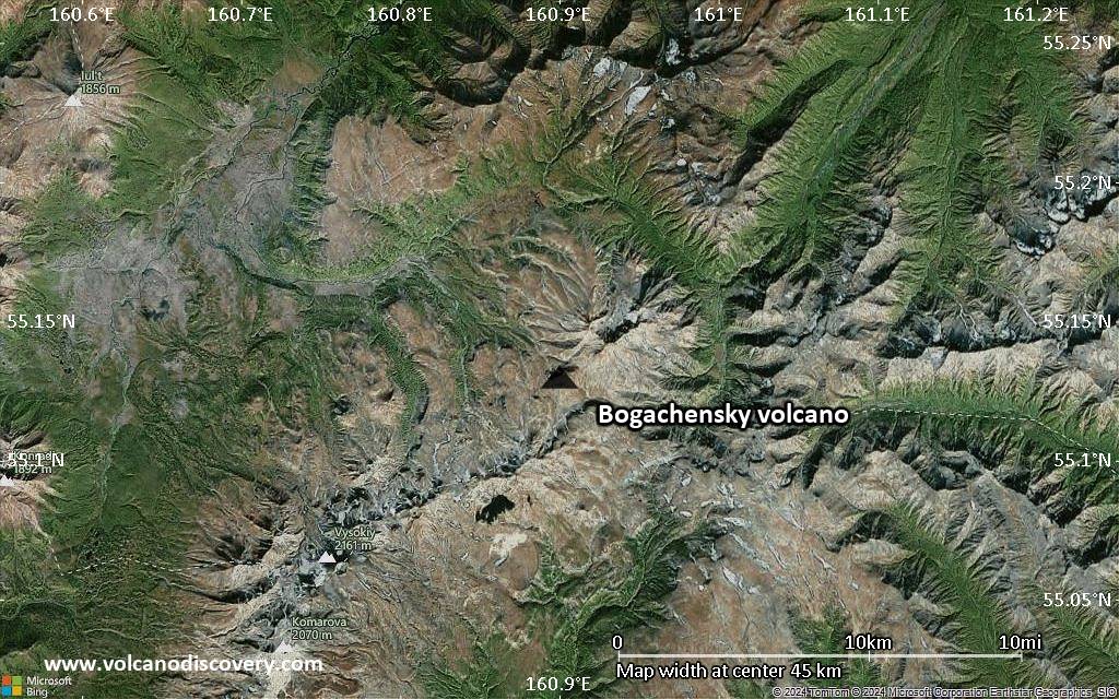 Satellite/aerial-type map of Bogachensky volcano (scale of 10s of km)
