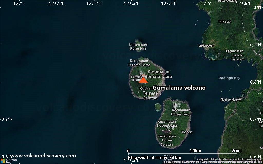 Satellite/aerial-type map of Gamalama volcano (scale of 10s of km)