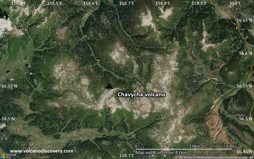 Satellite/aerial-type map of Chavycha volcano (scale of 10s of km)