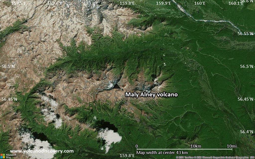 Satellite/aerial-type map of Maly Alney volcano (scale of 10s of km)