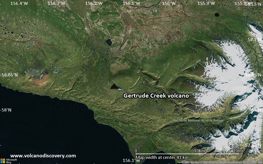 Satellite/aerial-type map of Gertrude Creek volcano (scale of 10s of km)