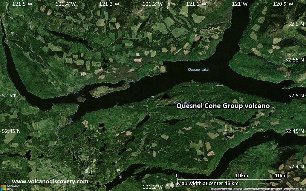 Satellite/aerial-type map of Quesnel Cone Group volcano (scale of 10s of km)
