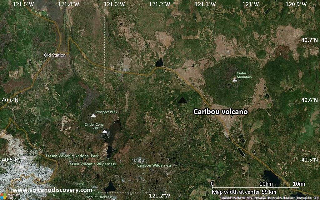 Satellite/aerial-type map of Caribou volcano (scale of 10s of km)