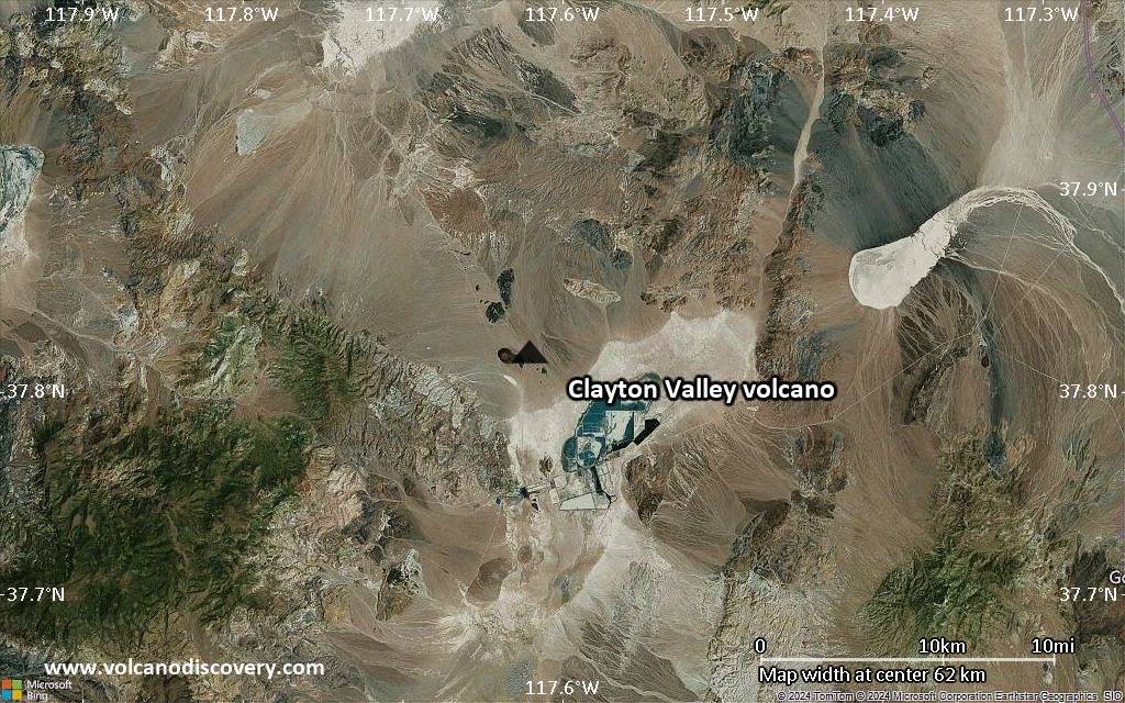 Satellite/aerial-type map of Clayton Valley volcano (scale of 10s of km)