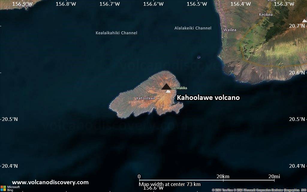 Satellite/aerial-type map of Kahoolawe volcano (scale of 10s of km)