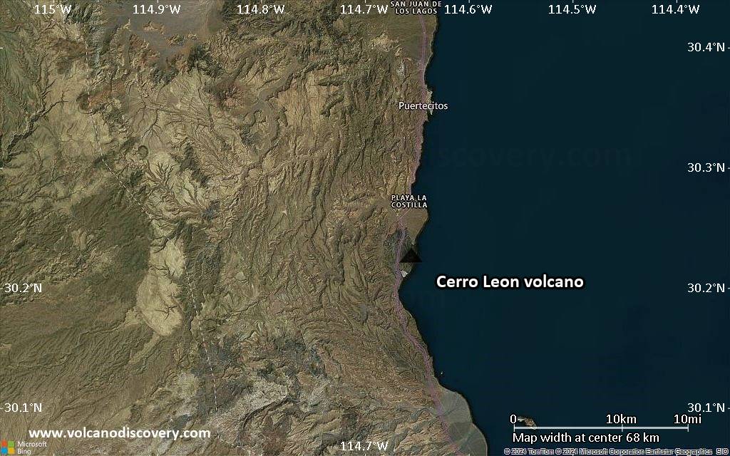Satellite/aerial-type map of Cerro Leon volcano (scale of 10s of km)