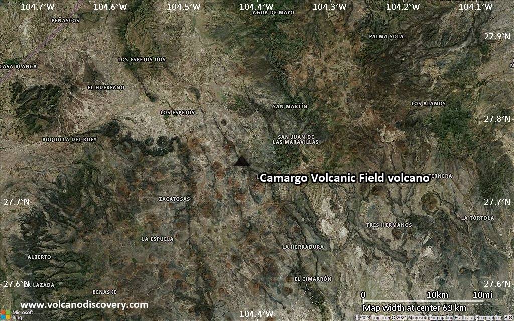 Satellite/aerial-type map of Camargo Volcanic Field volcano (scale of 10s of km)